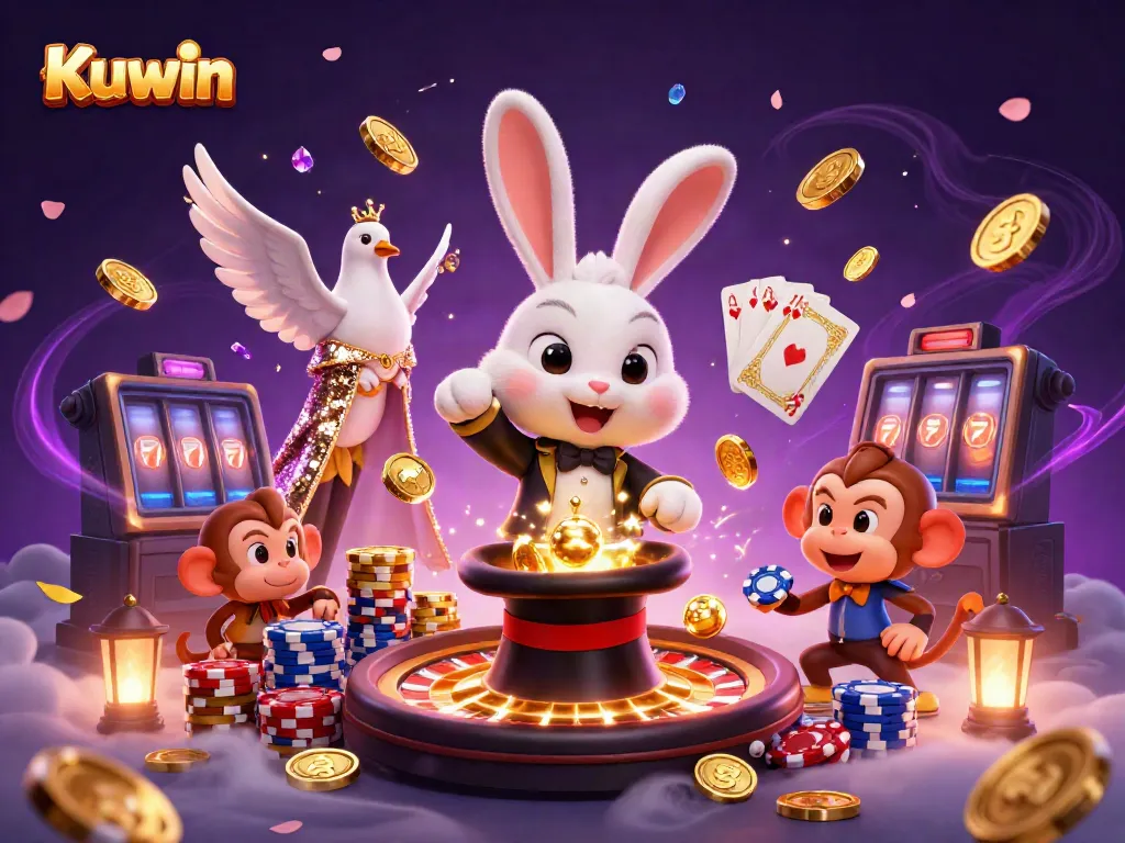 Kuwin offers an enchanting online gambling experience featuring a magician rabbit, flowing coins and casino elements.