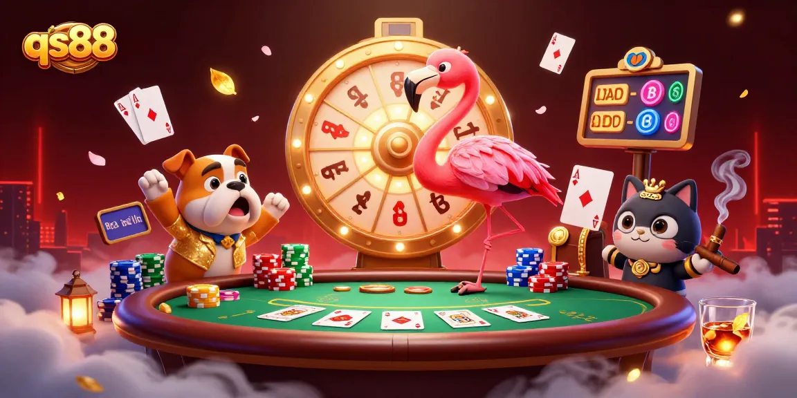 Spin to win at qs88 with an excited bulldog and vibrant casino atmosphere!