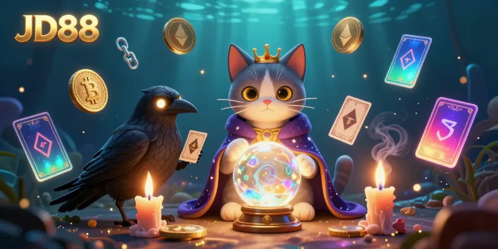 Experience JD88 through an enchanting fortune teller cat, vibrant coins, and tarot elements in a mystical underwater world.