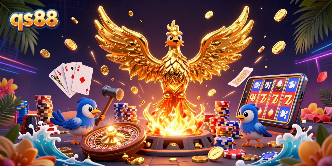 Experience the thrilling world of qs88 with a golden phoenix, coins, and casino elements in a vibrant scene.