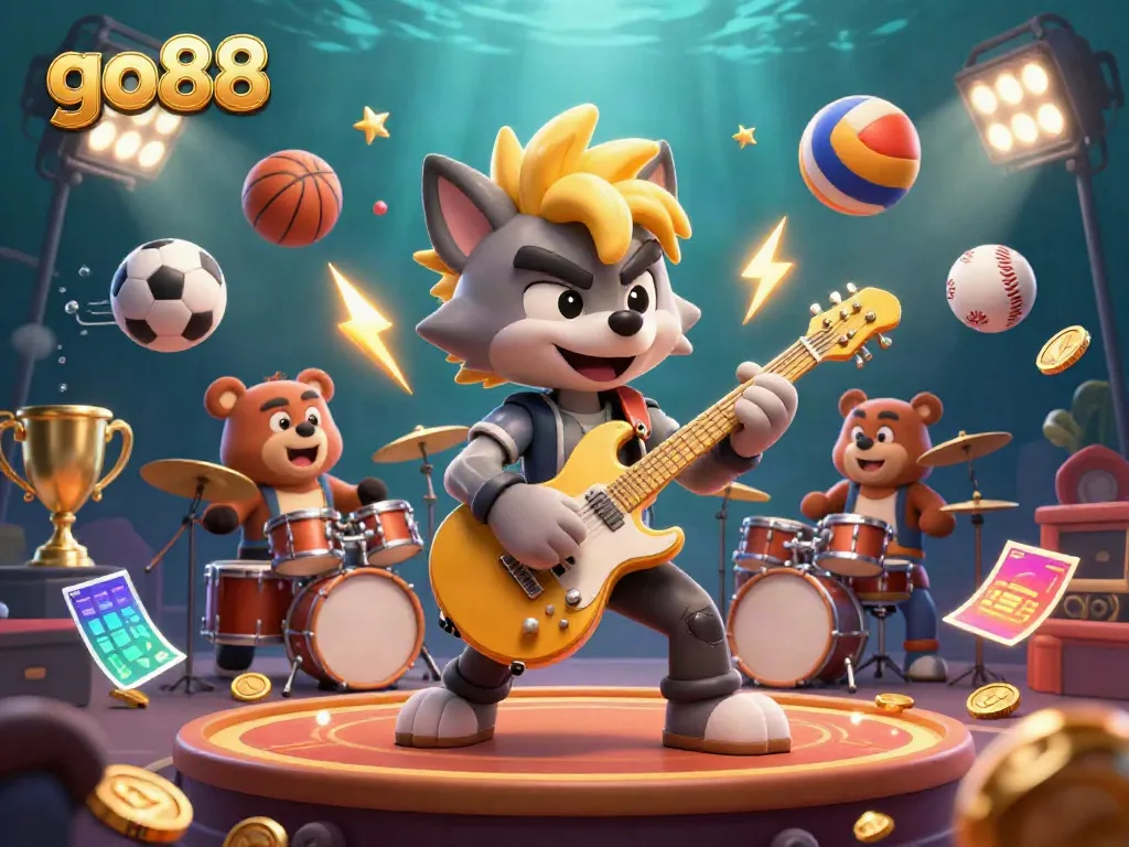 Experience go88 action with a rock star wolf and drummer bear in an electrifying casino scene.