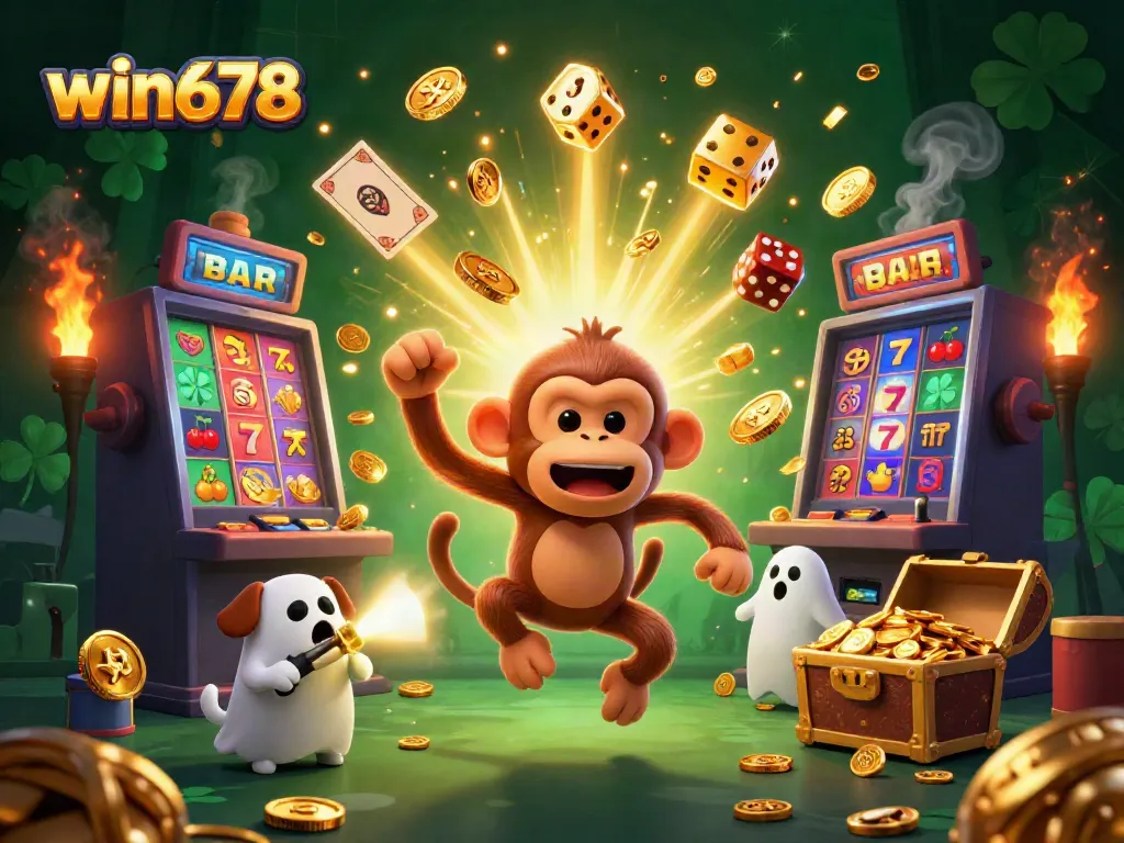 Enchanting win678 scene showcasing the poltergeist monkey juggling golden casino items in a vibrant haunted atmosphere.