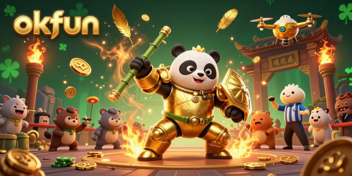Experience action-packed gaming with okfun's mech-suit panda amidst vibrant casino elements.