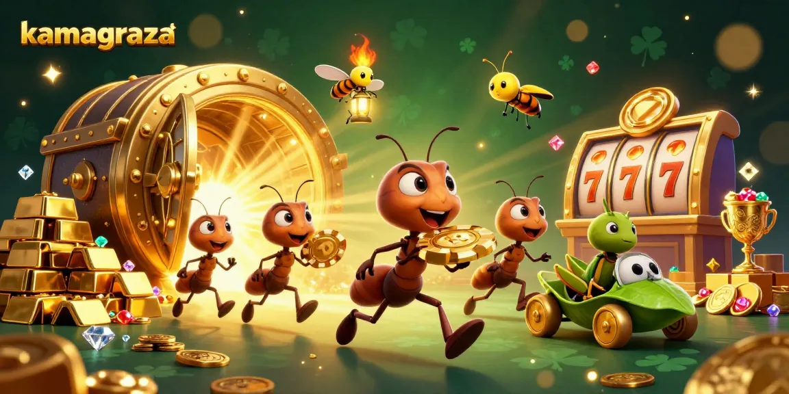 Kamagraza team of ants triumphantly heisting golden poker chip amid a vibrant casino heist scene.