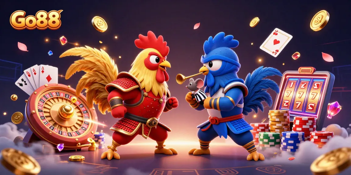 Win big at Go88 with dynamic fighting roosters in a 3D gambling showdown filled with coins and casino elements.
