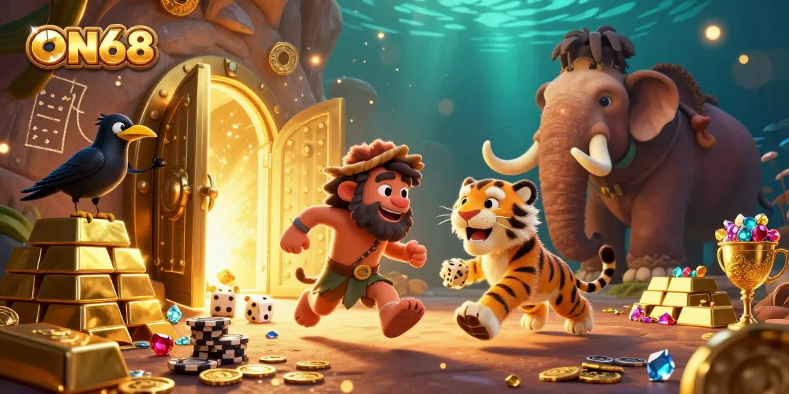 Experience thrilling gameplay at ON68 with a vibrant prehistoric casino scene filled with treasures and excitement.
