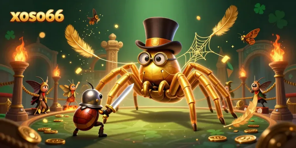 Witness xoso66's thrilling gaming arena with a golden tarantula spinning luck.