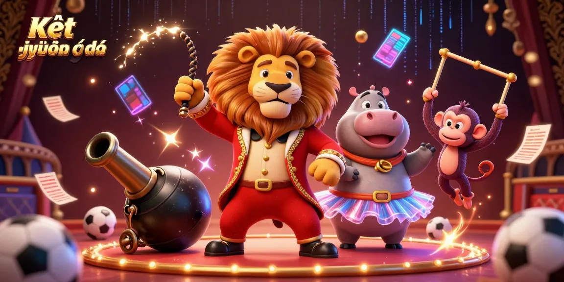 Engaging scene illustrating Kết quả bóng đá with cartoon lion, hippo, and monkey in dynamic sports betting action.