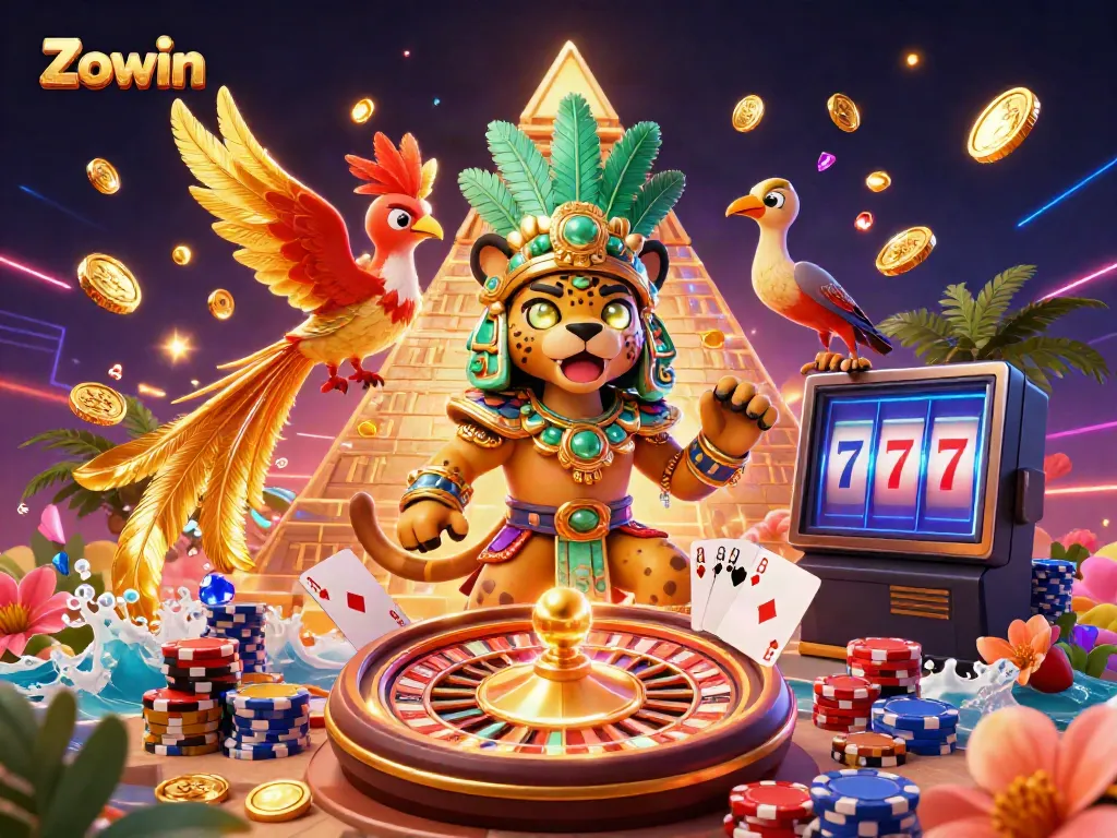 Zowin showcases thrilling casino gaming with a vibrant Mayan theme, highlighting engaging elements like coins and cards.