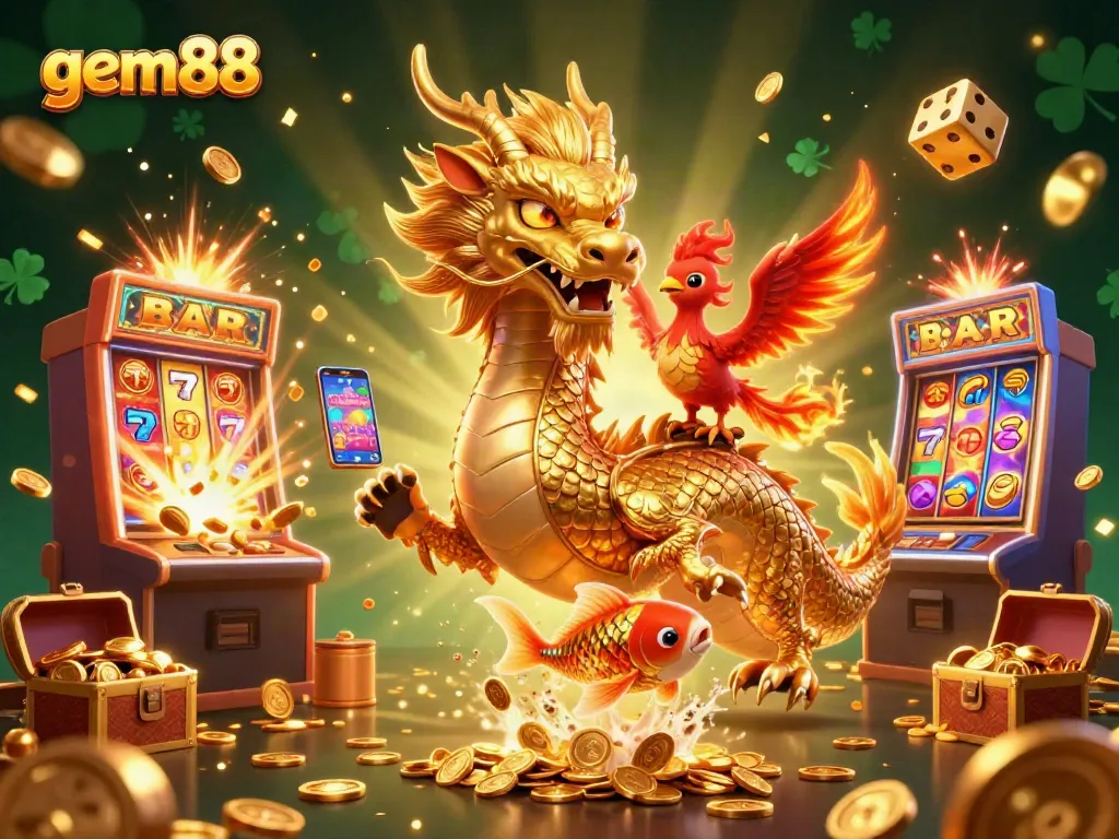 Experience thrilling wins with gem88's vibrant casino scene featuring dragons, koi fish, and jackpot slots.