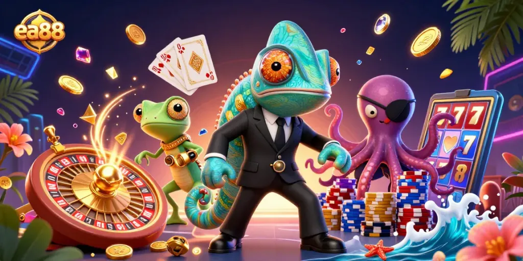 Experience exhilarating gaming moments with ea88's enchanting 3D casino scene featuring vibrant characters.