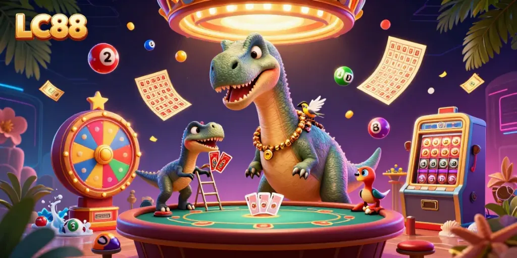 Experience the thrill of LC88 with vibrant lottery elements and a whimsical scene of a brontosaurus in a casino.