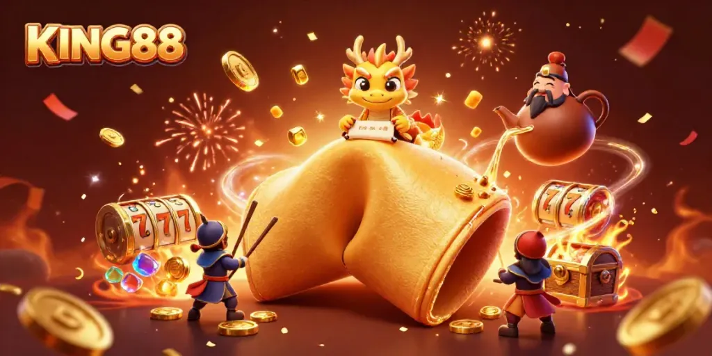 Experience the thrill of KING88 with a vibrant 3D illustration of a fortune cookie and dynamic casino elements.