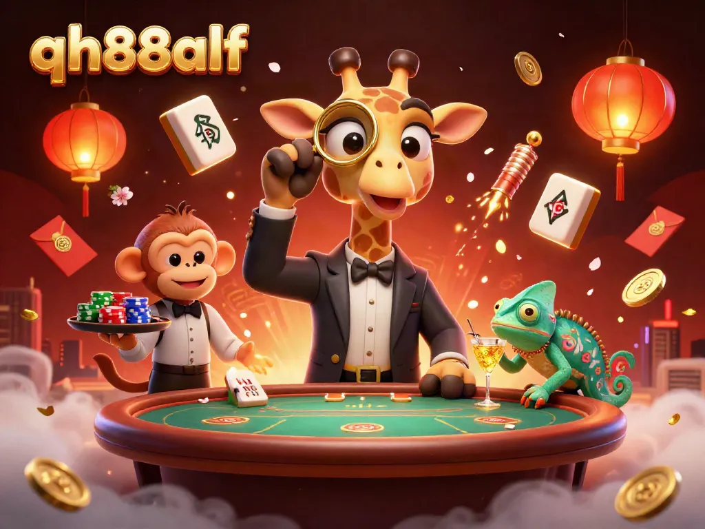 Experience the excitement of qh88alf with a high-roller giraffe at a VIP poker table amidst vibrant gaming elements.