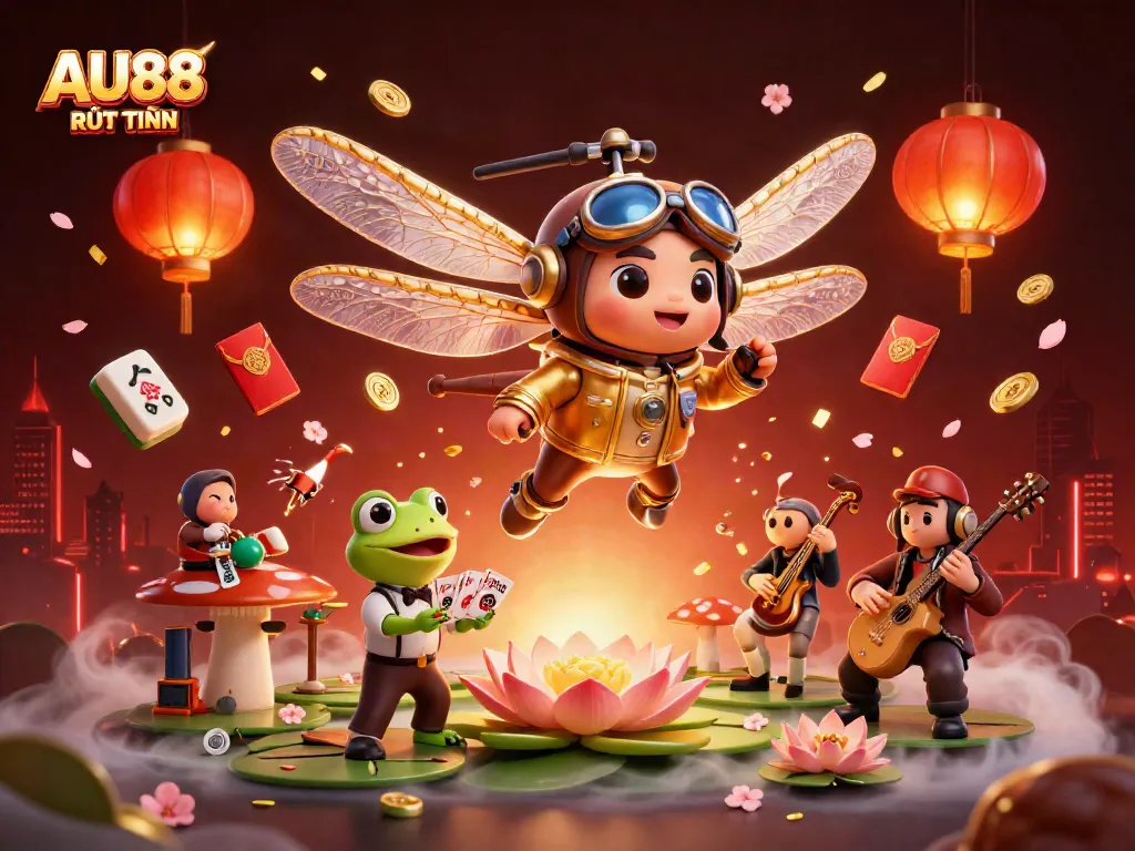 Engage with AU88 RÚT TIỀN casino thrills featuring colorful dragonfly pilot and frog dealer.