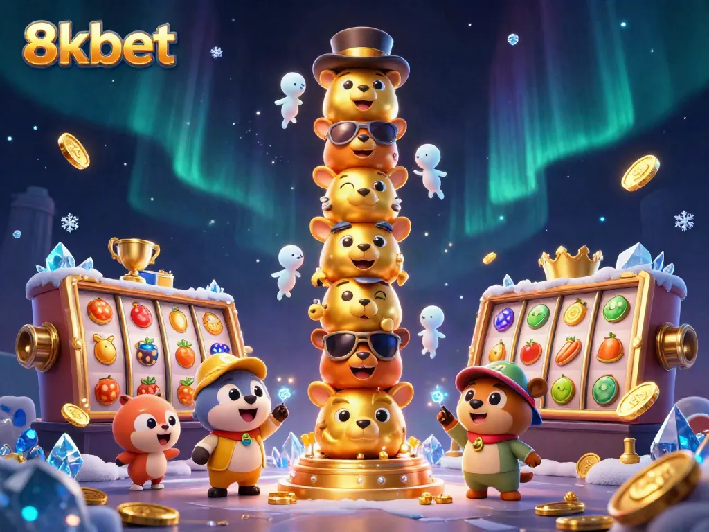 8kbet slots gaming illustration with animated totem pole and dynamic casino elements.
