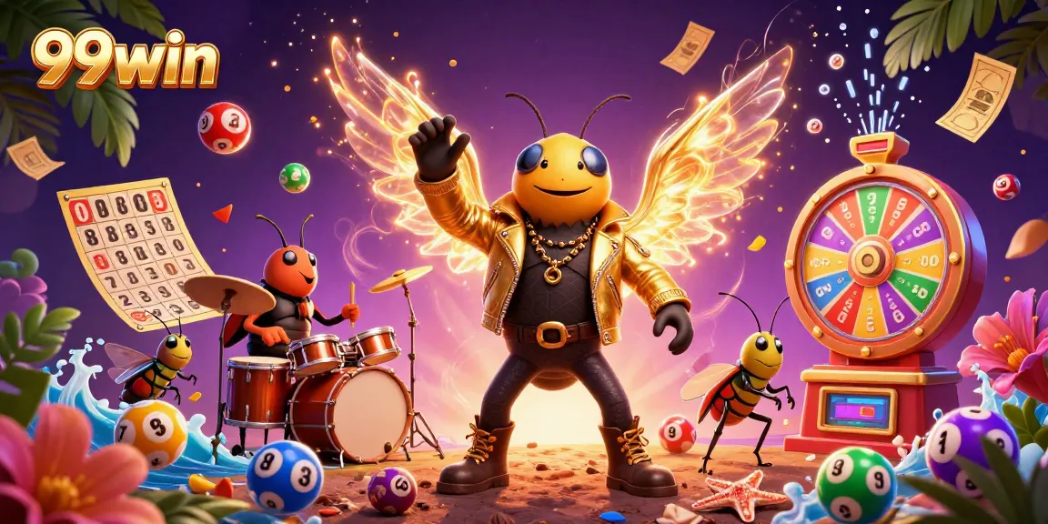 Experience the excitement of 99win with a colorful casino scene featuring a rock star cicada and dynamic game elements.