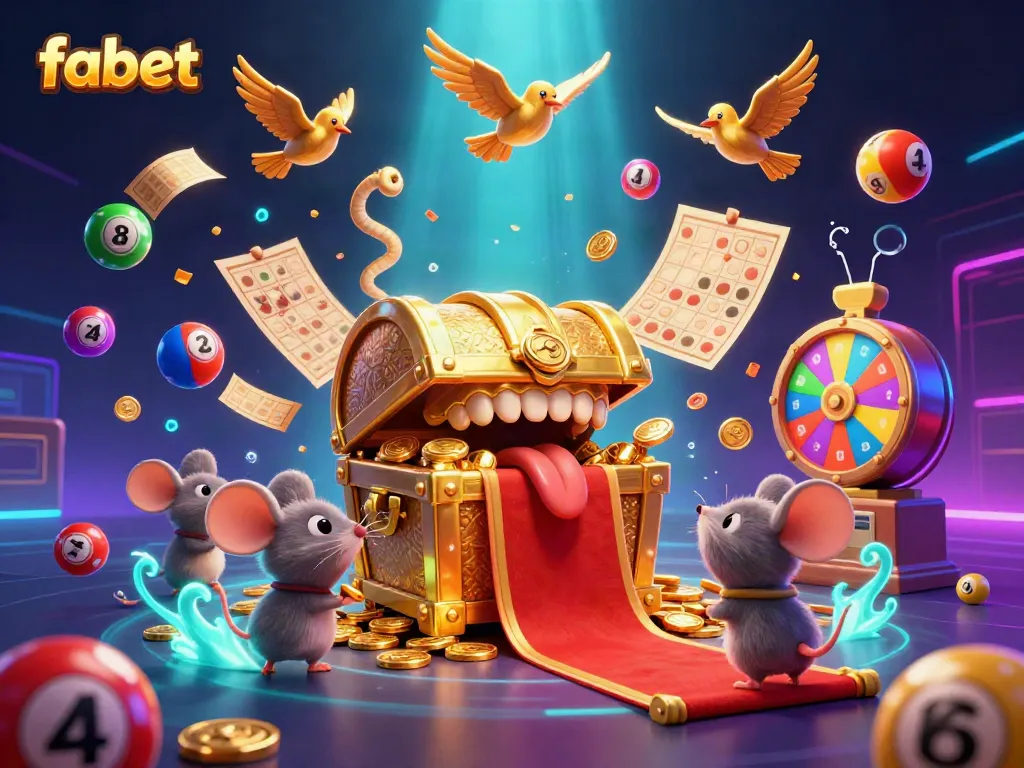 Experience the thrill of winning at fabet with colorful animated lottery balls, a treasure chest, and vibrant gaming elements.