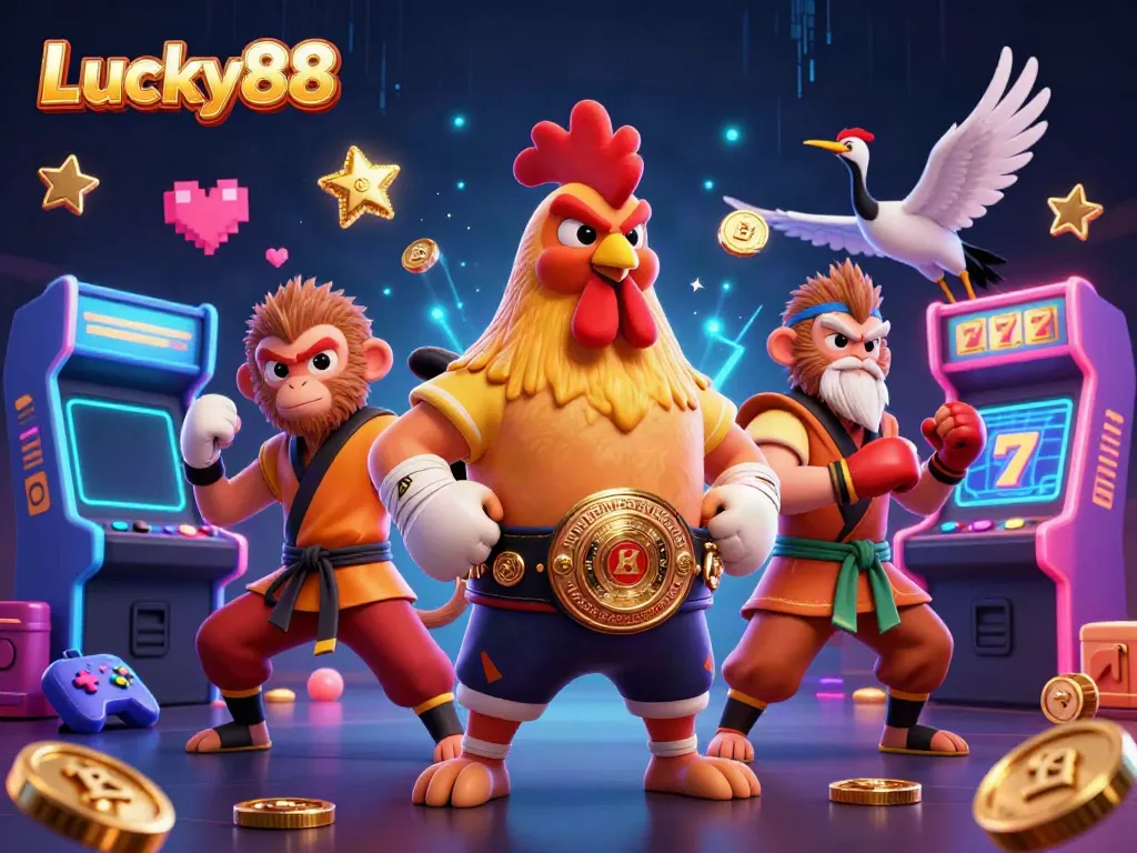 Experience the thrilling casino atmosphere with Lucky88's dynamic characters in a colorful gaming scene.