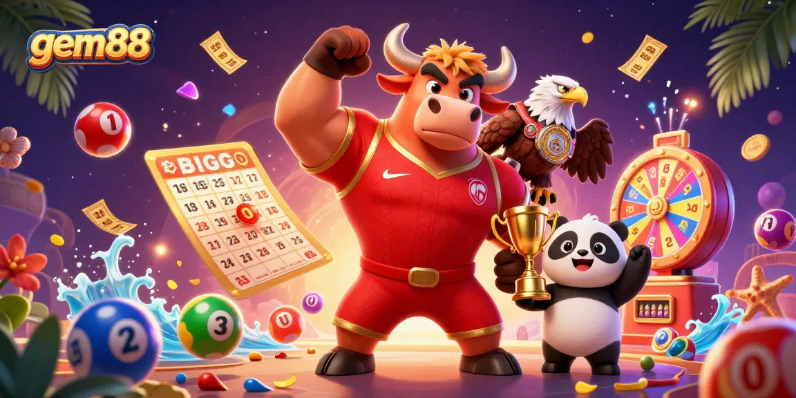 Experience thrilling moments with gem88 as a bull, eagle, and panda celebrate dynamic lottery action.