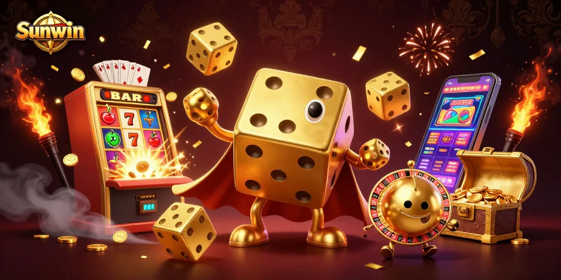 Sunwin immersive gaming experience showcasing a golden dice golem with vibrant casino elements.