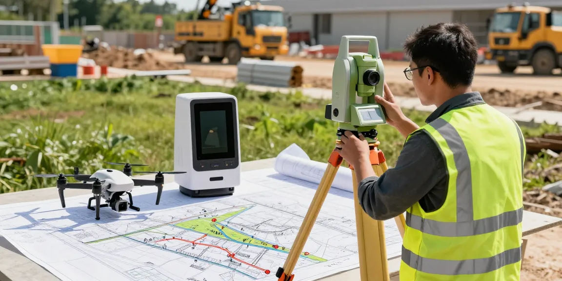 Topographical surveys in action, featuring surveyor using high-tech equipment at construction site.