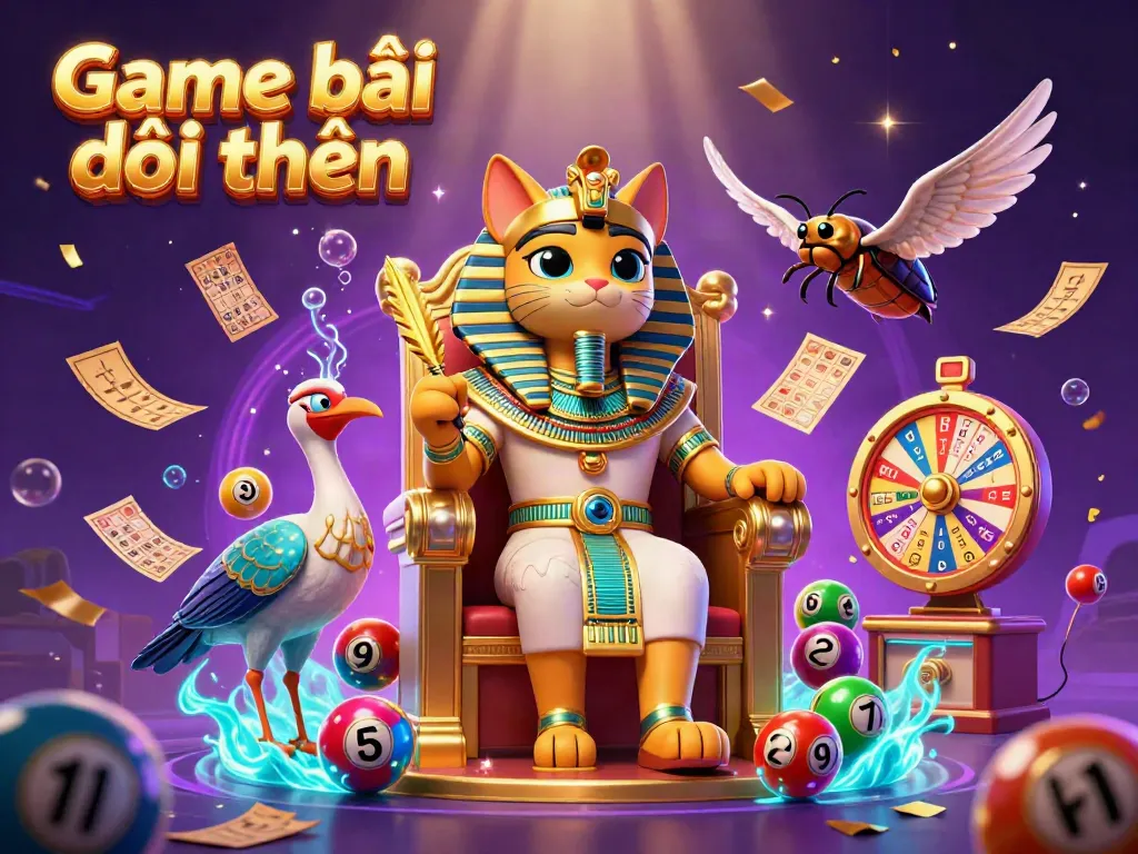 Engage with Game bài đổi thưởng in a vibrant 3D scene featuring a pharaoh cat, lottery balls, and golden tickets.