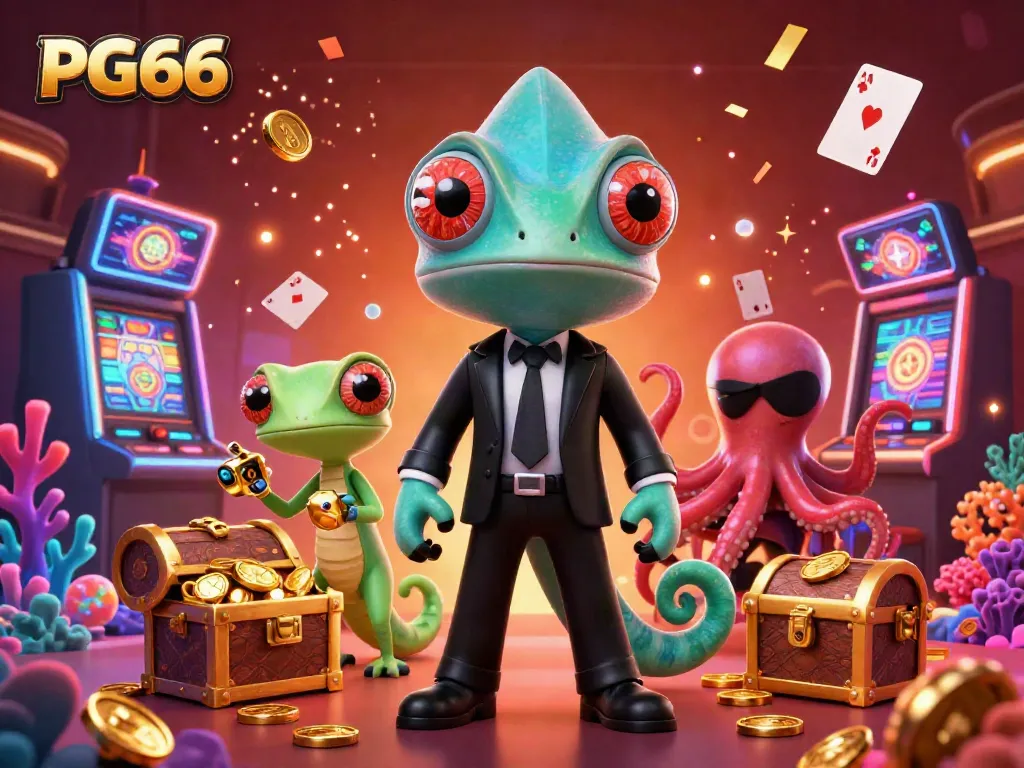 Engage with PG66's exciting casino illustration showcasing a vibrant underwater treasure scene with animated characters.