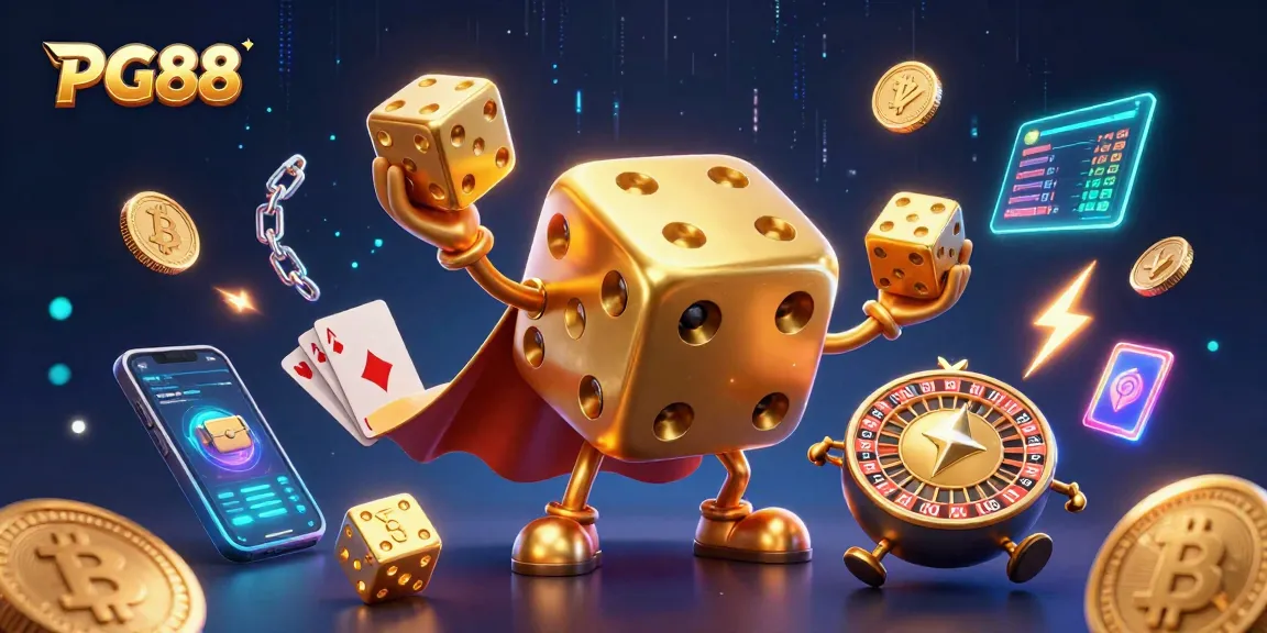 Experience the thrill of PG88 gaming with a vibrant 3D illustration of a golden dice golem amidst blockchain coins.