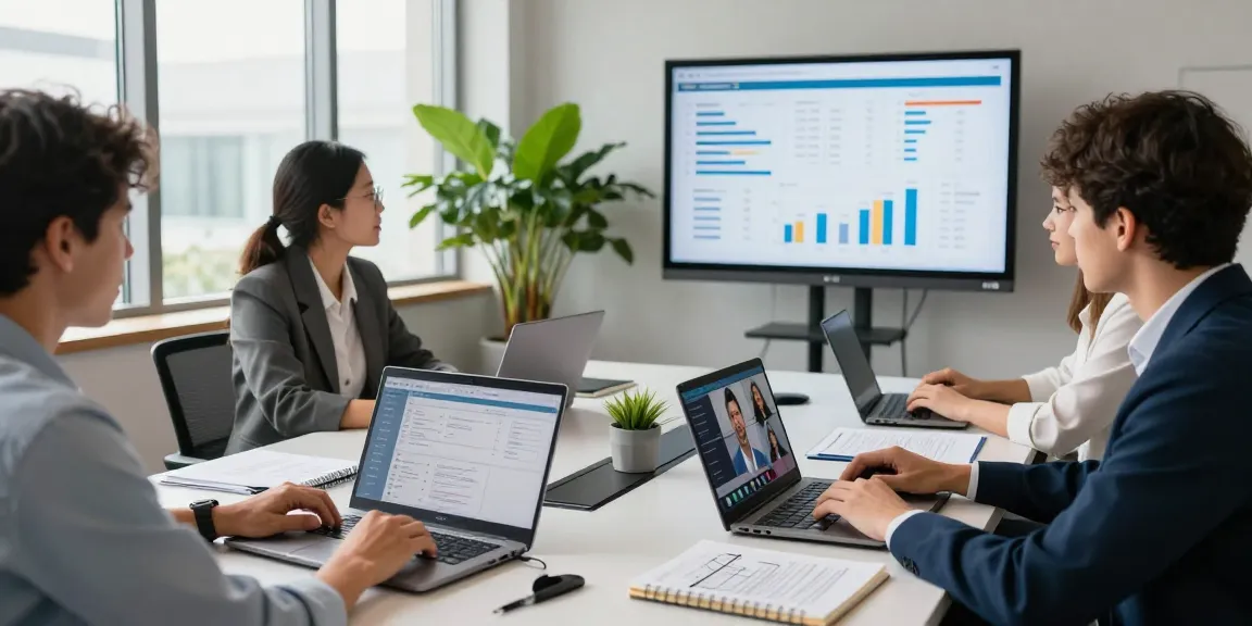 Team discussing call recording software in a modern office setting