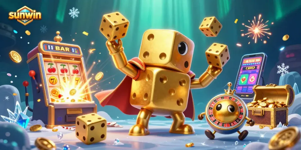 Engage in thrilling gameplay at sunwin with golden dice golem, slot machine, and jackpot treasures.