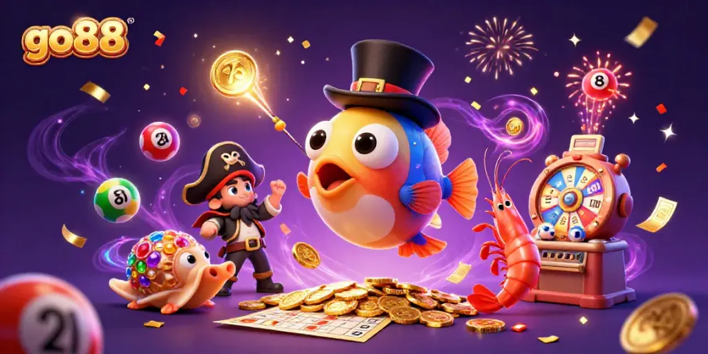 Enjoy thrilling wins at go88 with a vibrant casino scene featuring an anglerfish, pirate shrimp, and treasure snail.