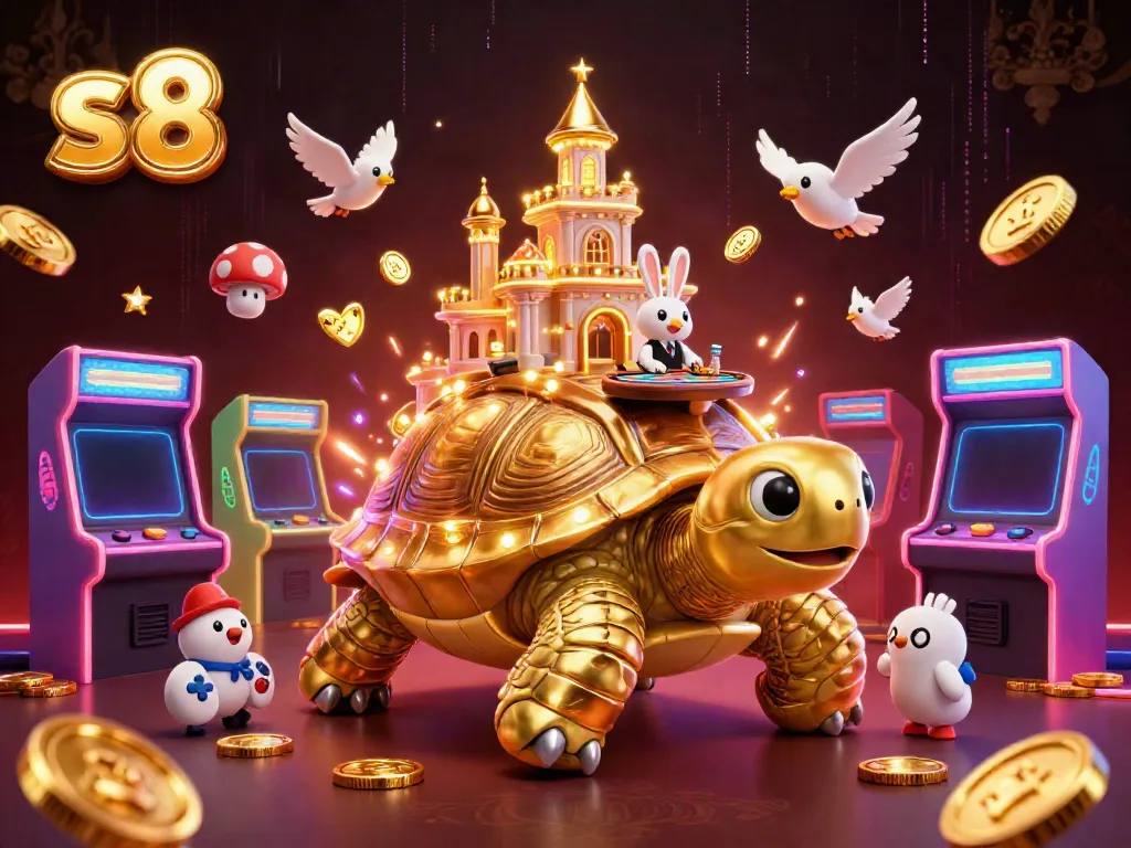 Create your winning fortune at S8 with a golden tortoise casino scene filled with excitement and vibrant characters.