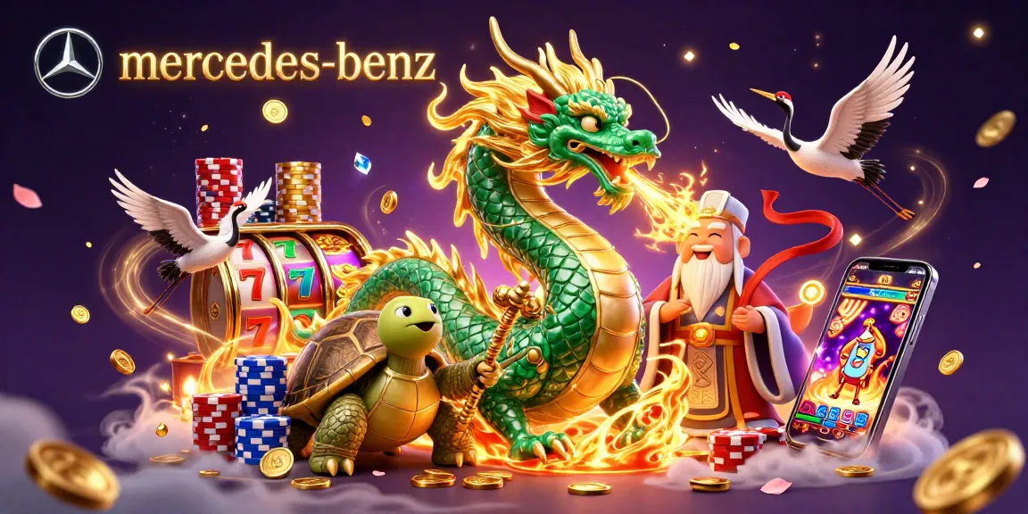 Experience the magic of winning with mercedes-benz themed casino illustration featuring dynamic slot reels and gold coins.