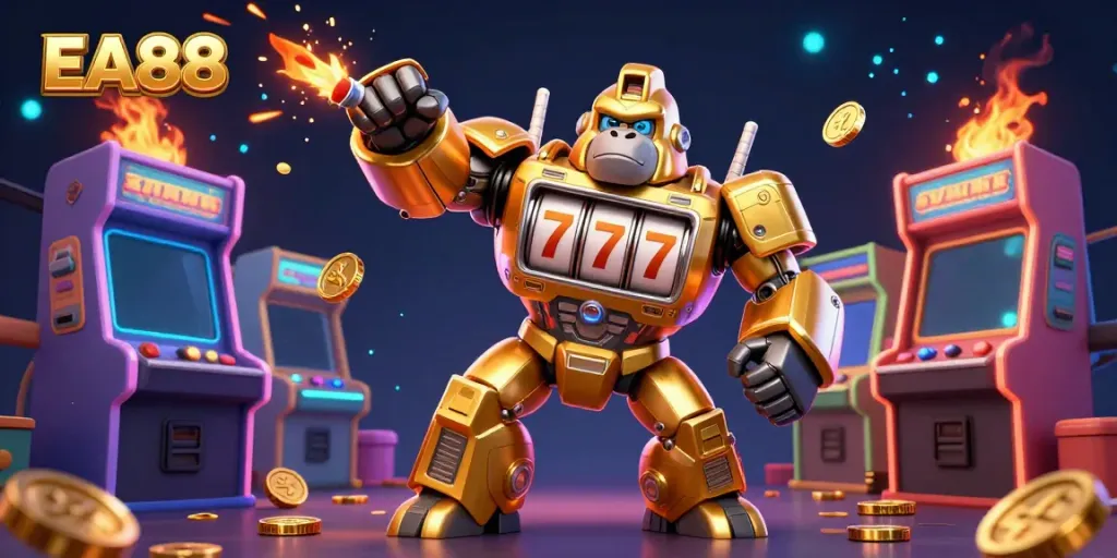 Experience thrill at EA88 with a golden gorilla mech hitting jackpots amid stunning gaming elements.