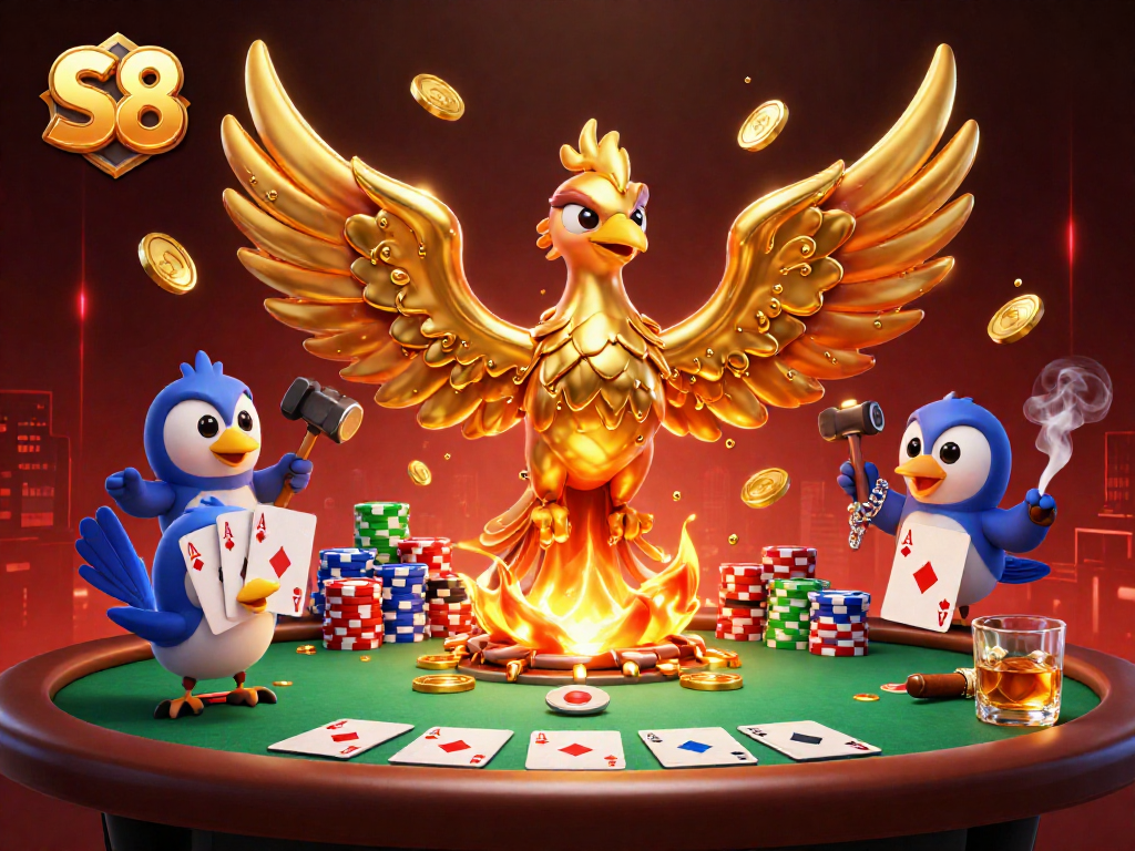 S8 casino illustration showcasing a phoenix and sparrow assistants celebrating a poker triumph in 3D