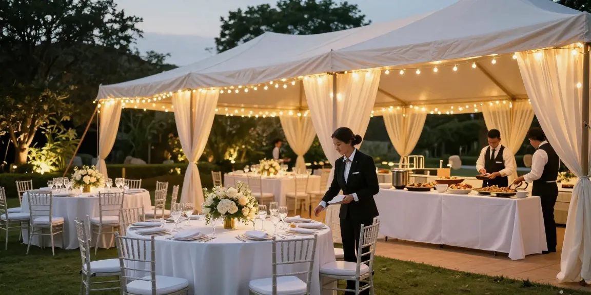 Professional outdoor event setup by casablancahire.co.uk showcasing a beautifully lit marquee and elegant table arrangements.
