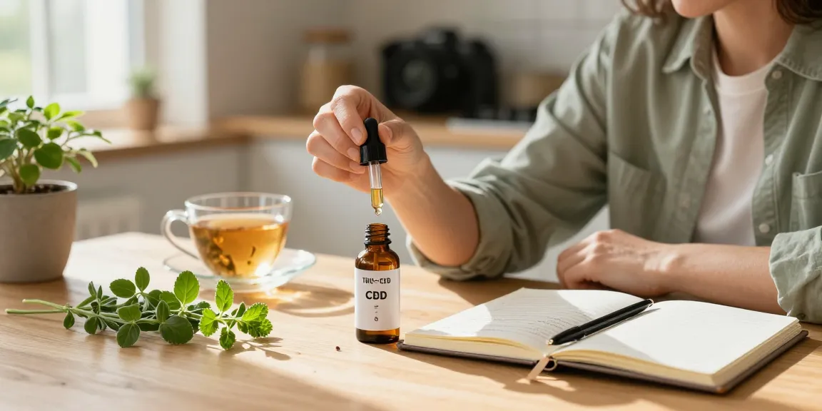 Person using canadian cbd isolate in a bright kitchen, emphasizing wellness and tranquility.