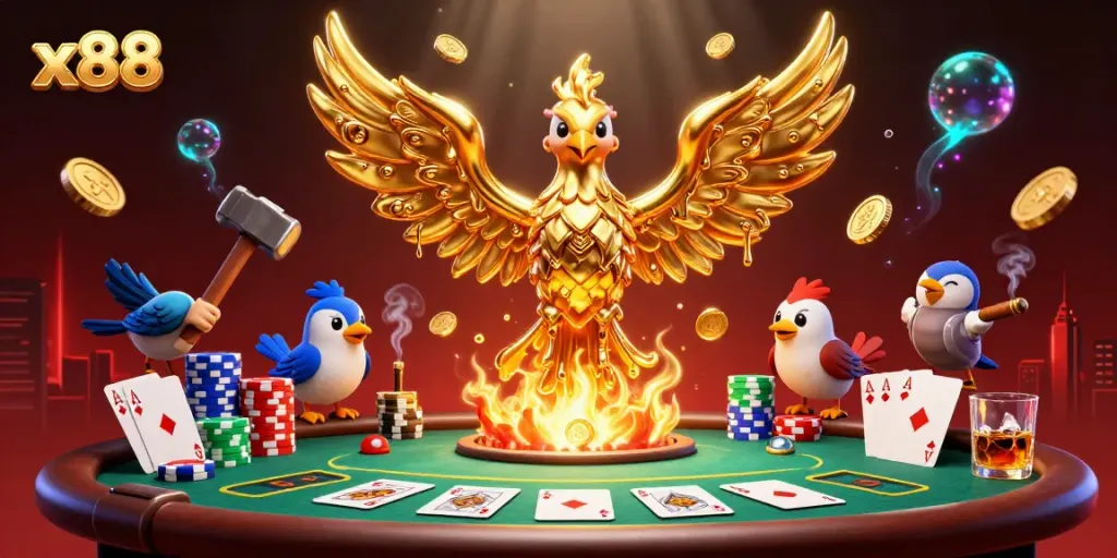 x88 phoenix with molten gold wings brings luck to poker players at a vibrant casino scene