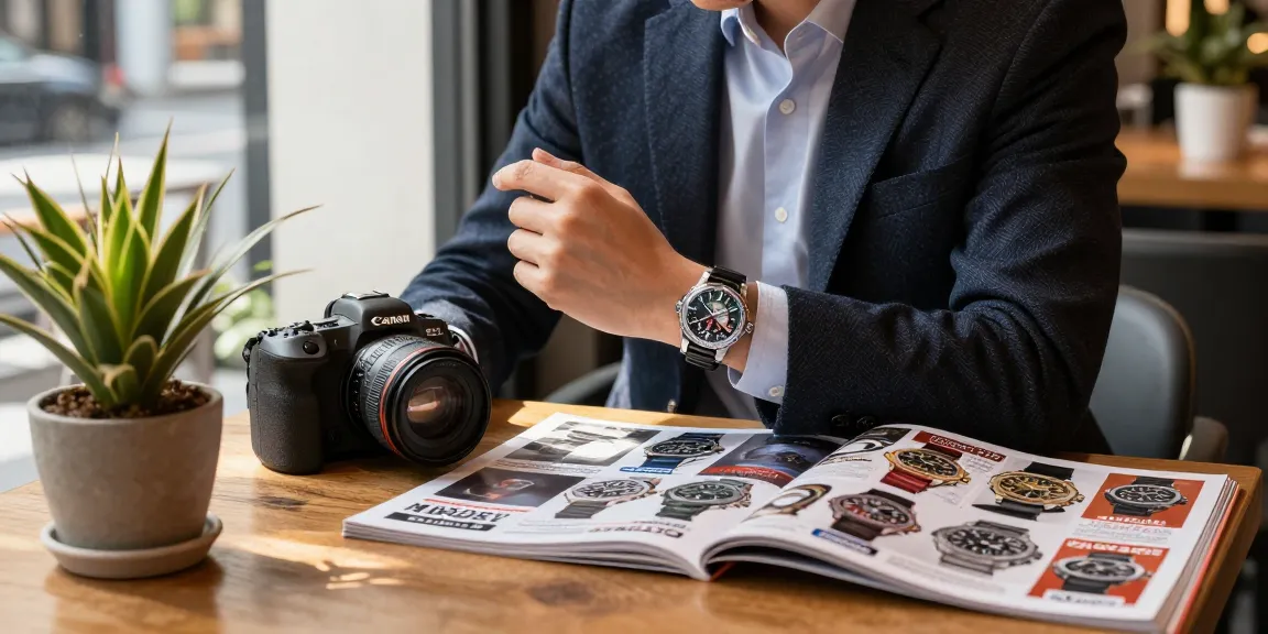 Admiring replica watches in a stylish cafe, showcasing detailed craftsmanship and luxury.