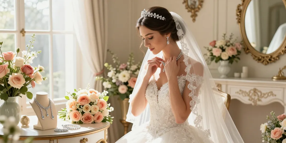 Bridal jewellery set showcased beautifully as the bride adjusts her necklace in an elegant wedding suite.