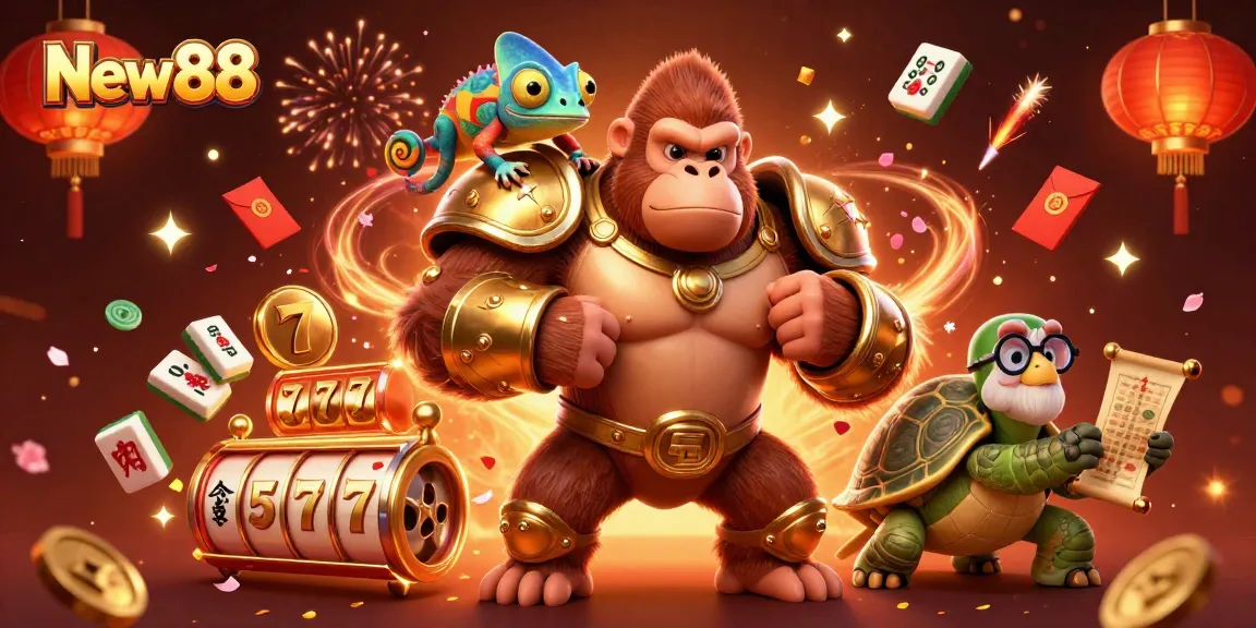 Experience thrilling wins at New88 with a vibrant, dynamic casino scene full of engaging characters and game elements.