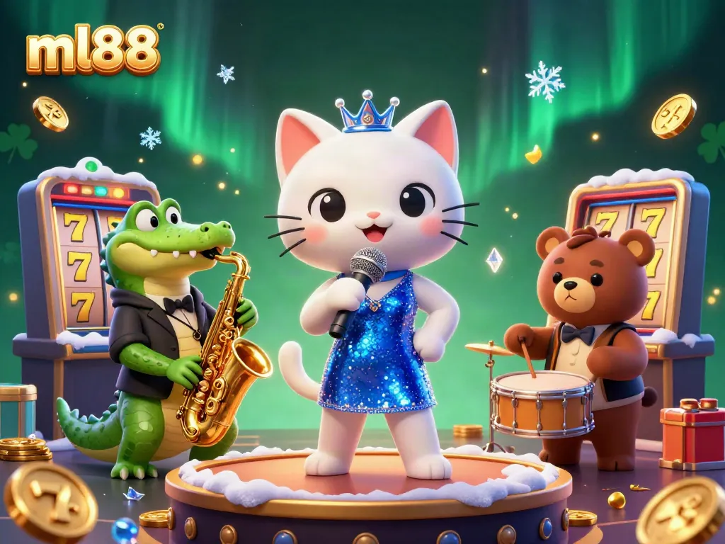 Experience the vibrant atmosphere of ml88's casino with lively characters amidst slot reels and sparkling coins.