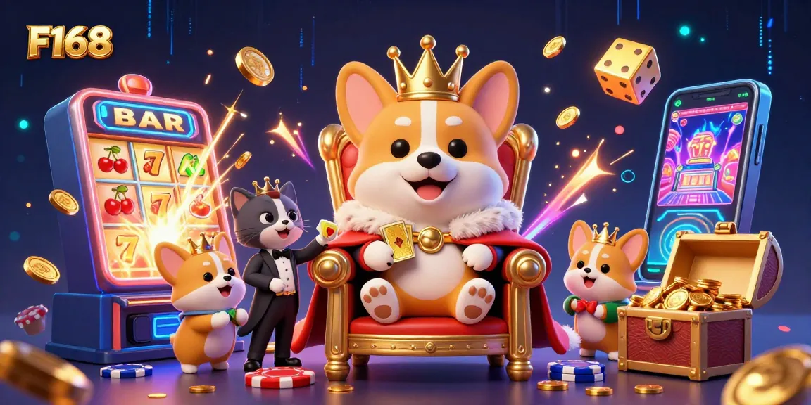 Experience F168's vibrant online casino world with a cartoon royal corgi and dynamic gaming elements.