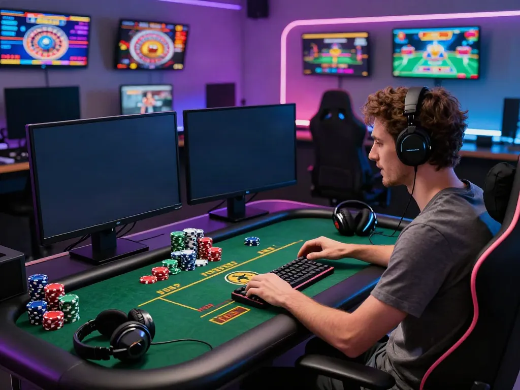 Player enjoying non GamStop casinos at a modern gaming setup with vibrant atmosphere.