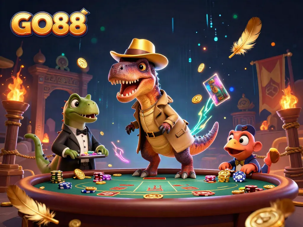GO88 illustrated 3D velociraptor at blackjack table with stegosaurus pit boss and compy pickpocket in casino-themed setting.
