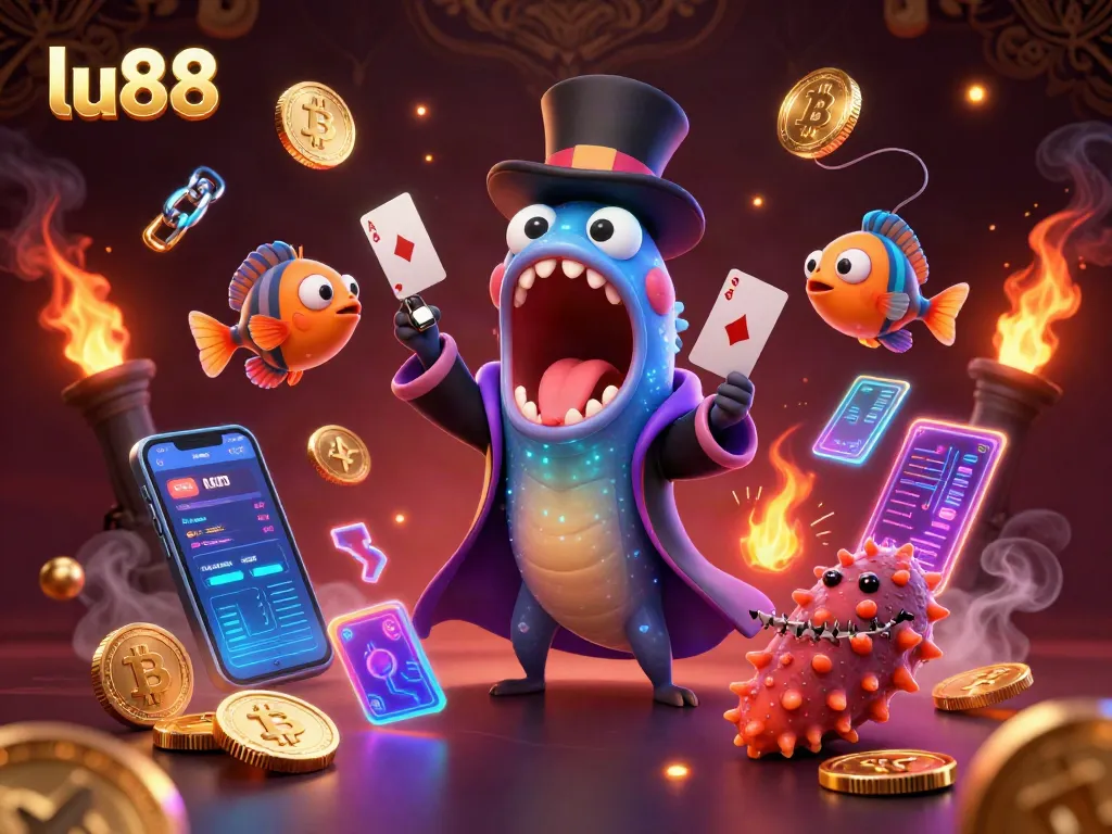 lu88 elevates your gaming adventure with engaging characters performing magical tricks amidst vibrant casino elements.
