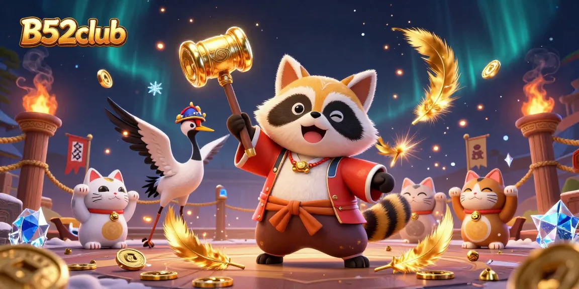 B52club showcases festive characters in an exciting online casino illustration featuring vibrant elements and dynamic gaming action.