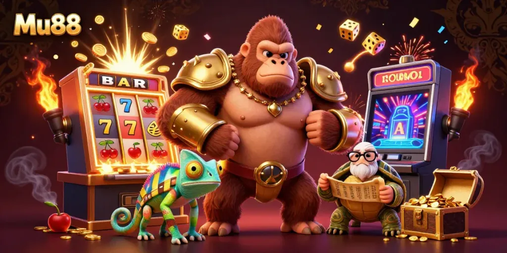 Mu88 players engaging with a vibrant casino scene featuring a golden gorilla, chameleon, and tortoise.
