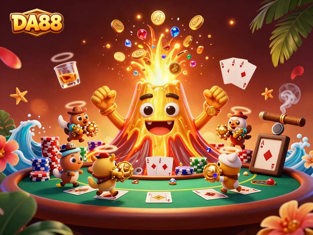 DA88 delivers exhilarating poker excitement with gold coins and vibrant winnings in this dynamic casino scene.